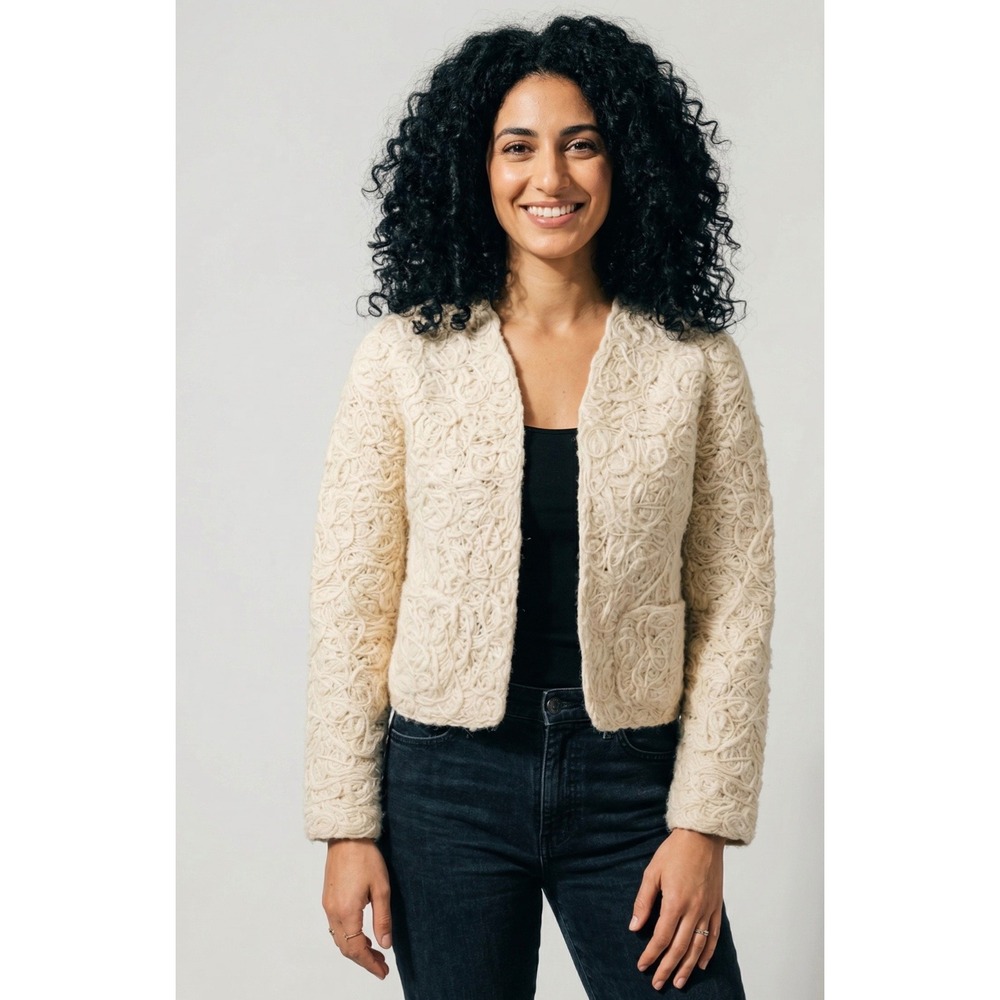 Chico's Wool Felted Spaghetti Macrame Open Jacket XL Cream Ivory Boho Old Money